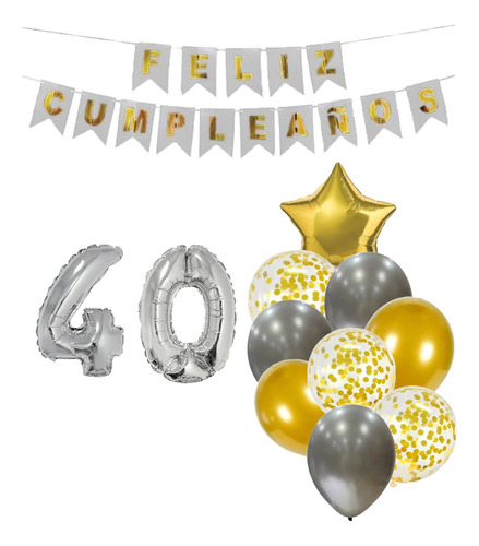 Combo Globos Metalizado Confetti Cristal Numero Banderin Set