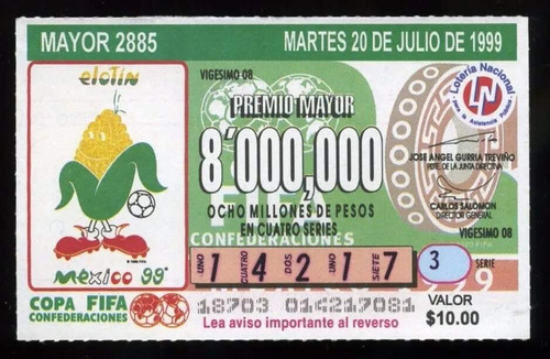 Billete De Loteria Copa Fifa Confederaciones 1999