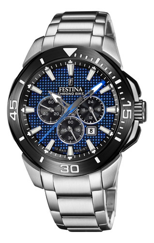 Reloj Festina F20641.2 Para Hombre Cronografo Chrono Bike Color de la malla Plateado Color del bisel Negro Color del fondo Azul