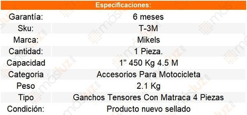 Gancho Tensor Con Matraca 4 Piezas, 4.5 Mts, 450 Kg Mikels