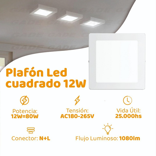Imagen 2 de 7 de Panel Plafon Led 12w Aplicar Cuadrado