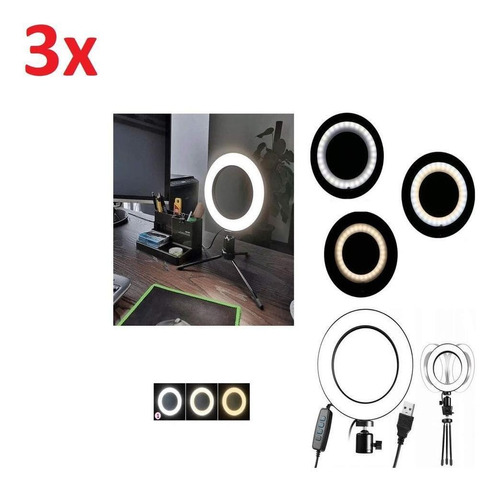 Kit 3 Luz Ring Light Iluminador Led Mesa Com Tripe Ajustavel