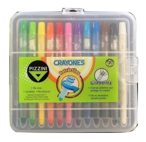 Crayones De Cera Retractiles Pizzini 12 Colores Plastico
