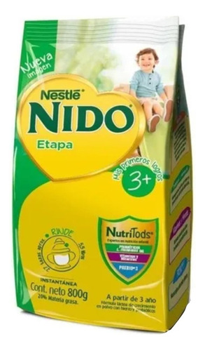 Leche de fórmula en polvo Nestlé Nido 3+ Protectus en bolsa x 3 unidades de 800g - 3  a 5 años