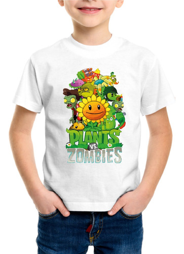 Polera Plantas Vs Zombies Videojuego Niños Adultos Blanca