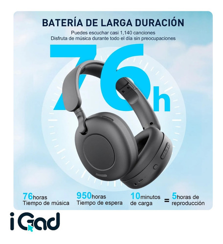 Audífonos Bluetooth 5.3 Igad Hi-res Inalámbricos Diadema Cancelación De Ruido Con Micrófono Y Cable Tipo C Negro