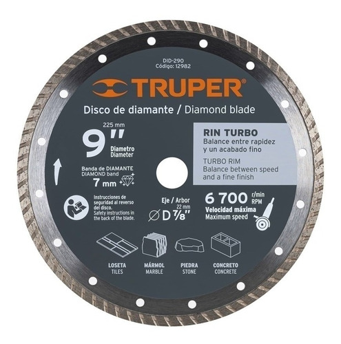 Disco Cortar Truper Diamantado Turbo # Did-290 9 Pulgadas