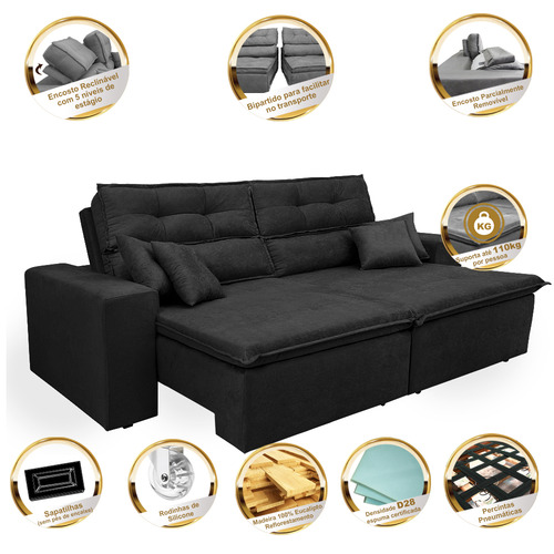 Sofá Cairo 2,02m Retrátil, Reclinável Tecido Suede Preto Cama inBox
