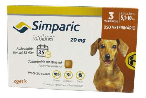 Antipulga Simparic 20 Mg 5 A 10 Kg - 3 Comprimidos