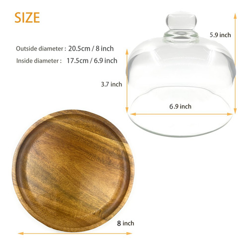 Cloche De Cristal Con Base De Madera De 20 Cm Para Postres Y