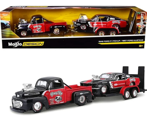 Motormax 1:24 1948 Ford F1 Pickup Remolque 1967 Mustang Rojo