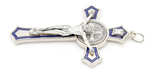 Imagem 2 de 6 de Crucifixo São Bento Prateado - Detalhe Em Resina Azul