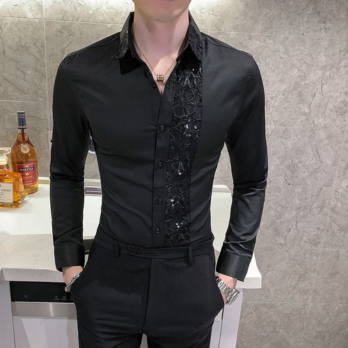 Camisa De Encaje Con Patchwork Para Hombre, Manga Larga, Cor