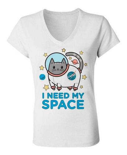 Remera Mujer I Need My Space Gato Aesthetic Escote V Spun