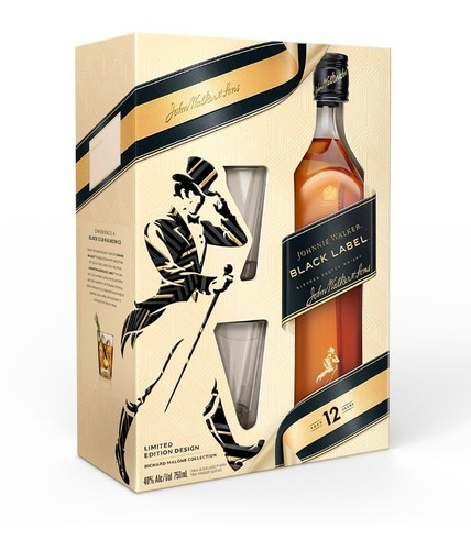 Estuche Whisky Johnnie Walker Black Negro + 2 Vasos X 750cc