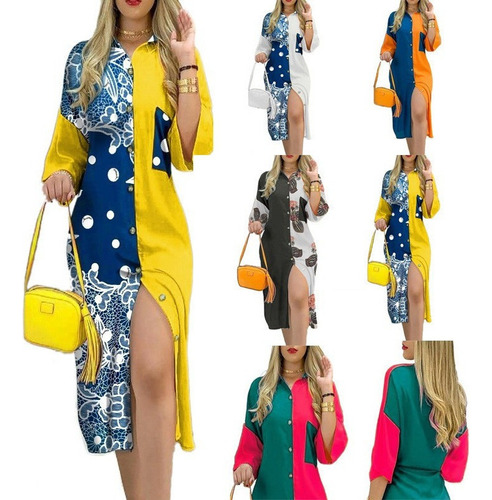 C Vestido Feminino De Manga Comprida Com Botão De Cor