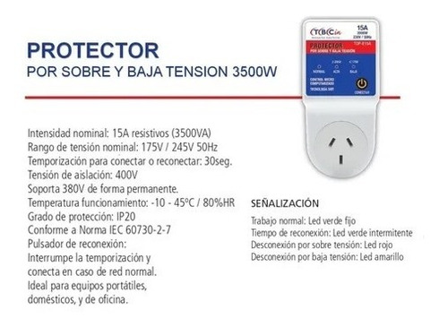 Imagen 4 de 6 de Protector Alta Baja Tension 15a 3500w Aire Heladera Tv Tbcin