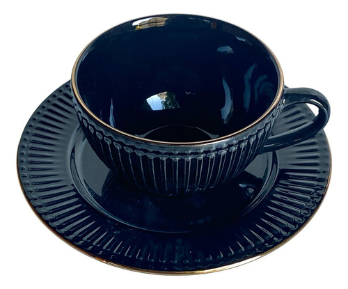 Set De 6 Unid Taza/plato De Te Cafe Borde Dorado 200 Ml Lineas Negro Acapulco