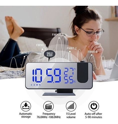 A Led Espejo Despertador Mesa Digital Techo Proyector Alarma