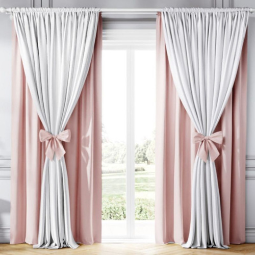 Cortina Varao Duplo Para Quarto /sala 3.00 X 2.50 Com Laço Rosa Com Branco