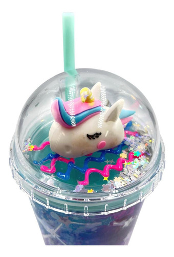 Imagen 2 de 7 de Vaso Con Bombilla Diseño Unicornio Glitter Y Luces Kawaii