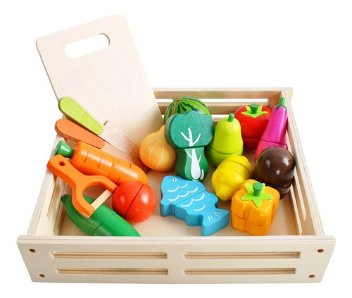 Set Corta Frutas Y Verduras Madera Con Iman Juego 17 Piezas