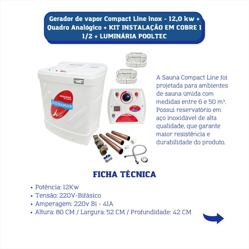 Sauna A Vapor 12kw Quadro Analógico, Kit Instalação, 2 Lumin