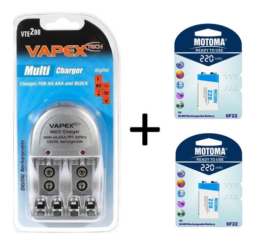 Imagen 1 de 7 de Cargador Vapex Vte-200 + 2 X Bateria Motoma 9v 220mah