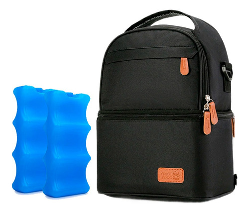 Bolso Mochila Pañalera Térmico Negro +2 Pilas De Hielo