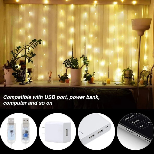 Imagen 7 de 9 de Cortinas Decorativas Luz Led Control Remoto 3x3m 300 Leds