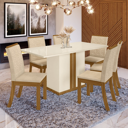 Conj Sala Jantar Tampo Mdf/vidro 160cm 06 Cad Raysa Casa 812 Cor Nature Com Off White E Linho