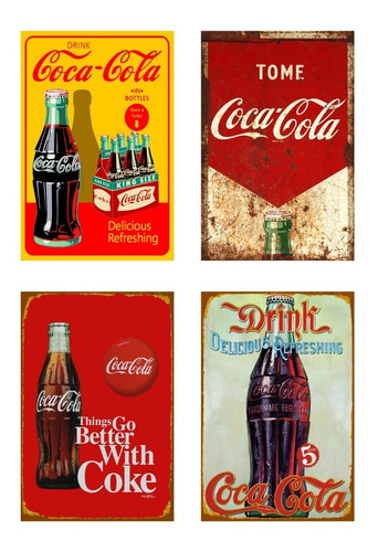 Carteles Metalicos Pack 4 Coca Cola Diseños Bebida 20x30 Cms