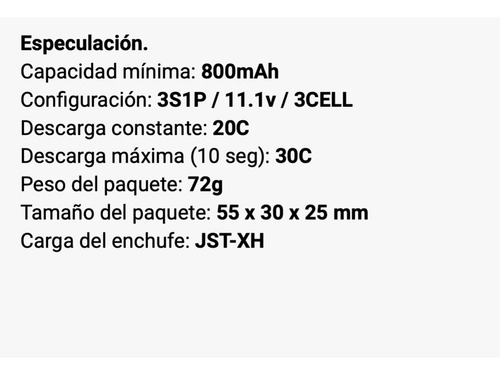 Imagen 4 de 4 de Bateria Lipo 800mah 11.1v 3s Recargable 20c Turnigy 850mah