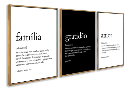 Kit 3 Quadros Família Gratidão Amor Significado 60x40cm Cor Carvalho