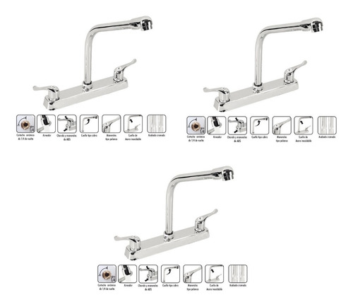 Pack 3 Grifo Llave Lt Mezclador Doble Comando Acabado Cromad