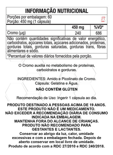 Picolinato Cromo Super Concentrado Apenas 1 Cápsula Ao Dia