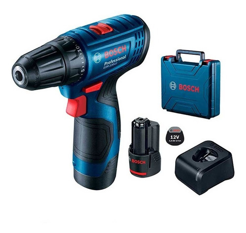 Taladro atornillador inalámbrico de 10mm Bosch GSR 120-LI 12V + 1 batería de 2Ah + accesorio con maletín de transporte 127V/220V