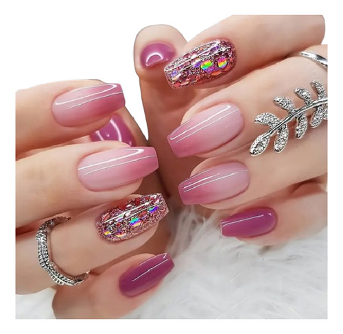 24 Pz Uñas Postizas Degradado Rosa Purpura Brillos Press On Rosas Degradado Mix De Colores