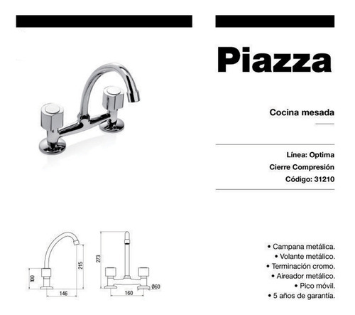 Imagen 2 de 6 de Griferia Cocina Canilla Piazza Optima Mesada Cromada Movil
