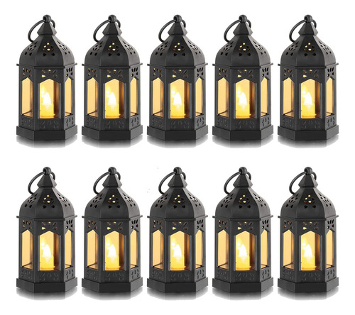 Juego De 10 Mini Faroles Con Velas Led Parpadeantes, Color N