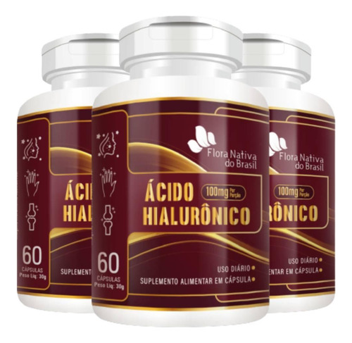 Kit 3x Ácido Hialurônico 100mg 60 Cápsulas - Flora Nativa