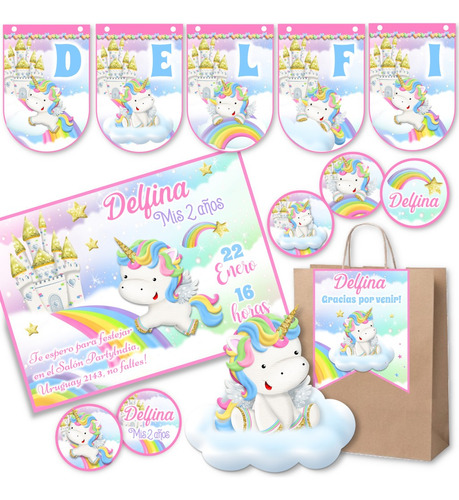 Kit Imprimible Unicornio Nubecita Arco Iris Editable Candy