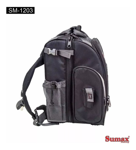 Bolso De Pesca Sumax Mochila 3 Cajas Porta Reel Pinza Gafas Negro
