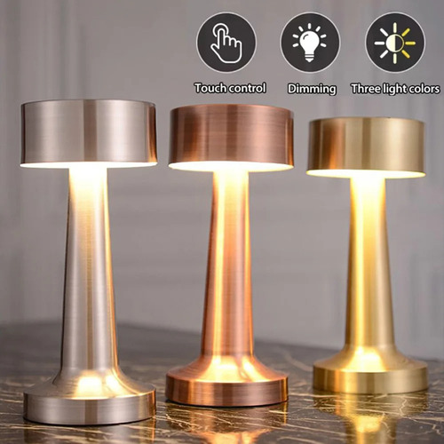 Lampara Velador Led Recargable Usb Tactil Metal Dimmer Deco Estructura Bronce Pantalla Bronce