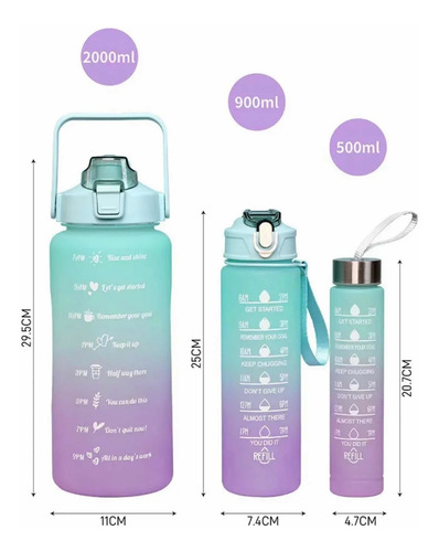 Botella Agua Grande 3 En 1 Motivacional, 2l, 900 Ml Y 500 Ml