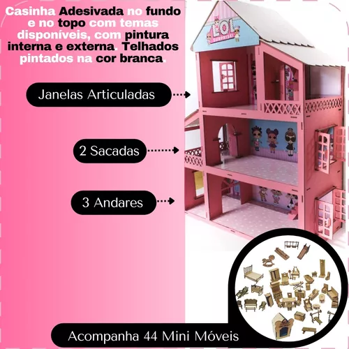 Casinha De Boneca Barbie Mdf Pintada Adesivada + 43 Móveis cru - A