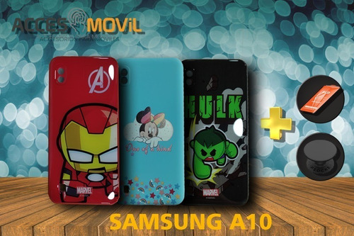 Case Avengers/ Disney Samsung A10+ Mica De Vidrio+ Popsocket