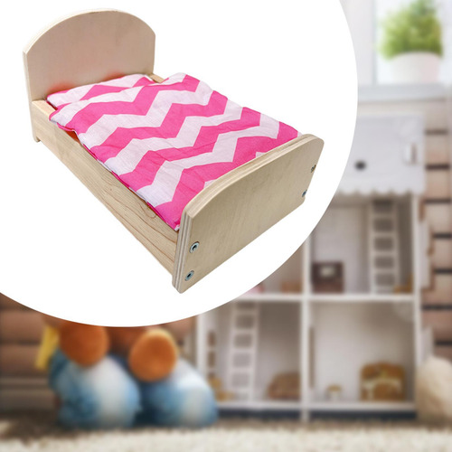 Cama En Miniatura De Casa Muñeca Con Juego De Cama Madera