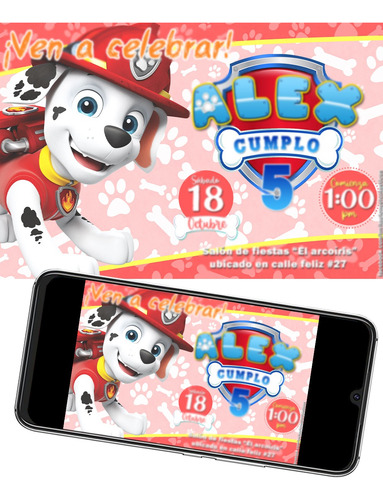 Invitación Marshall Paw Patrol Patrulla De Cachorros Fiesta