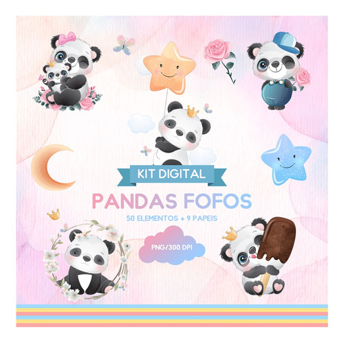 Kit Digital Pandas Fofos - Amor De Pandas Aquarela